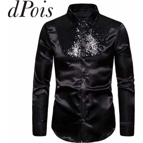 Men Glittering Sequins Lapel Collar Long Sleeve Shirt Males Stage Performance Dance Costume Disco Party Dress Shirts Dance Wear