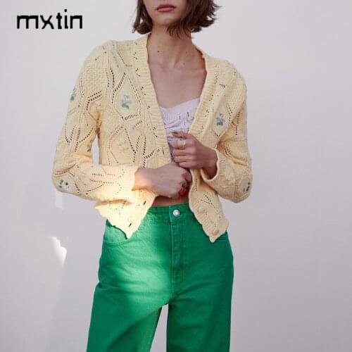 MXIN 2021 Women Spring Fashion Floral Short Cardigan Knitted Sweater Vintage Hollow Out V Neck Long Sleeve Female Chic Tops