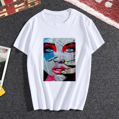 2021 New tees aesthetic newspaper face T Shirt Women Printed Harajuku Female T-shirt fashion Hipster white tops Tshirt Clothing