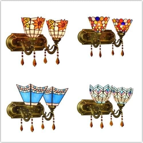 Bohemian/Mediterranean/Pastoral Style Bedroom Bedside Wall Lamp Stained Glass Tiffany Hotel Bar Double Head Crystal Wall Lamps