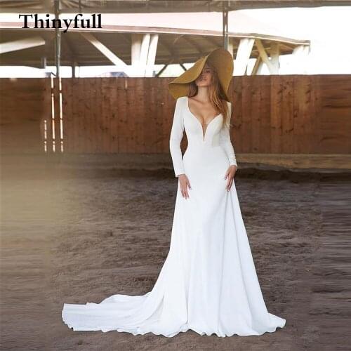 Thinyfull Simple Mermaid Long Wedding Dresses Beach Boho Mariage Gowns LongTrain V Neck Princess Party Gowns Vestido Branco