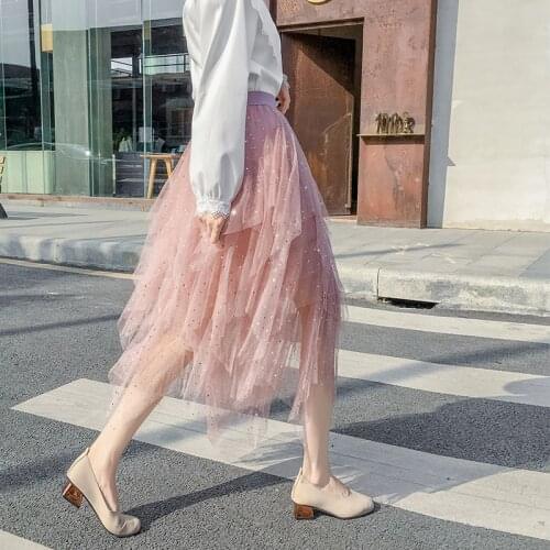 Chic Star Sequin Mesh Skirt Women Summer Irregular Soft Tulle Fairy Skirt Women Spring Summer Puff Skirt Cake Skirt Femme
