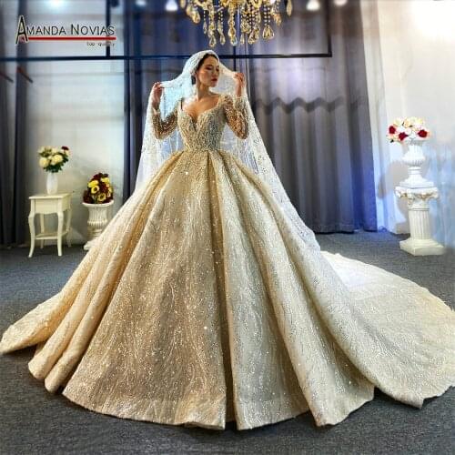 2021 Hot sale full beading wedding dress with long sleeves bridal dress real work high quality