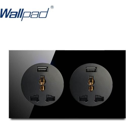 Wallpad Dual 3 Pin MF Socket With USB Charger Wall Power Socket Crystal Tempered Pure Black Glass Panel Outlet Grounded 146*86mm