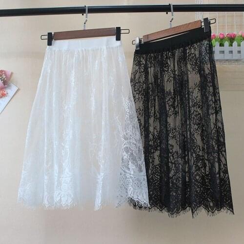 Hot Summer Women Lace Skirts Fashion Solid Casual Mesh Tulle Skirt Hollow Out Short Pencil Elegant Elastic Black White Skirt