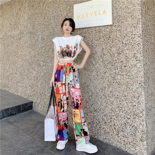 Retro Graffiti Print Elastic Waist Cartoon Pattern Wide Leg Pants Women