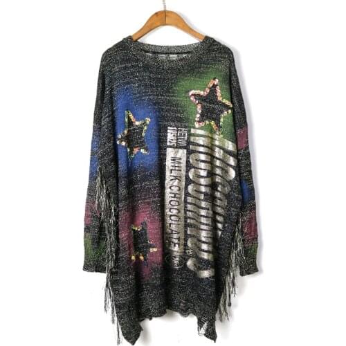 Sequin Star Bronzing Print Long Sleeve Fashion Loose Casual Plus Size Top Women Autumn New Korean Holes Plus size Tassel Sweater