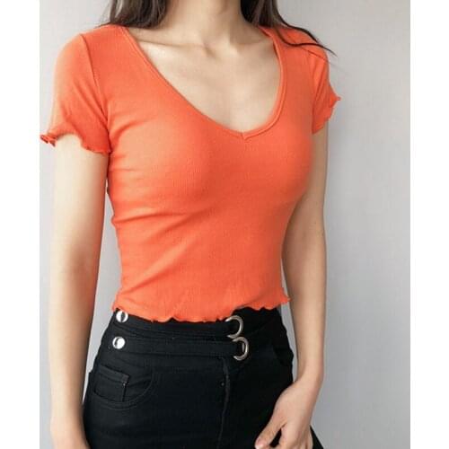 Women V Neck Frill Trim Crop Tee Short Sleeve Crop Top