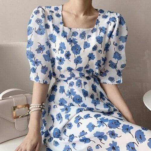 Vintage Women Long Dress Summer Chiffon Square Neck Puff Sleeve Floral Dress for Women Sweet High Waist Dresses Vestido 14533