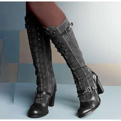 2021 Women Boots Pu Leather Buckle Retro Casual Womans Booties Gladiator High Heel Shoes Ladies Fashion Botas Mujer Invierno