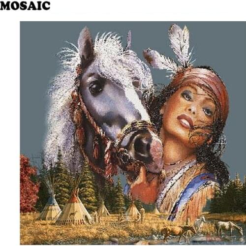 DIY Diamond Painting Cross Stitch Indian girl and horse Needlework 5D Diamond Mosaic Diamond Embroidery Painting Rhinestones