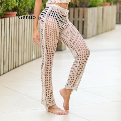 Summer Women See Through Boho Wide Leg High Waist Trousers Beach Long Loose Mesh Sheer Pants Crochet Hollow Out Women Pants