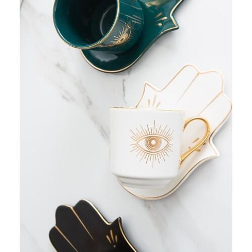 Creative Eye Mug and Palm Saucer Turkish Coffee Cups Quality Art Ceramic Tea Sets Gold Handle Eye of God Tumbler 2021 New