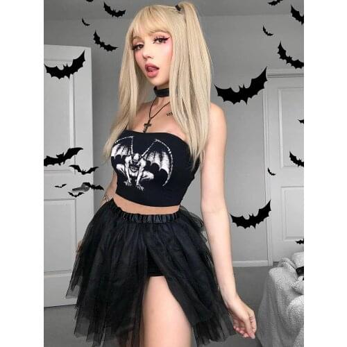 Womens Strapless Crop Tops Gothic Devil Print Sleeveless Backless Slim Fit Tube Tops Sexy Vampire Wrapped Top