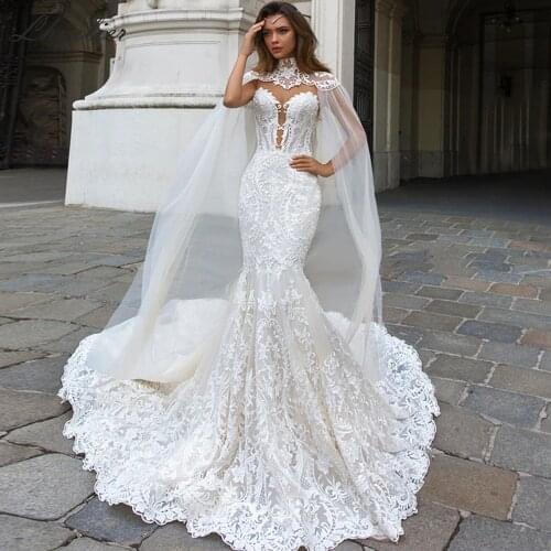 Lhuilier Elegant Mermaid Lace Wedding Dresses 2020 Illusion Neck Lace Appliques Floor Length Chapel Train Bridal Dress with Cape