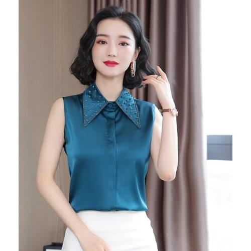 Korean Silk Women Blouses Shirts Woman Satin Shirt Tops Ladies Solid Rivet Blouses Top Plus Size Women Sleeveless Silk Shirt Top
