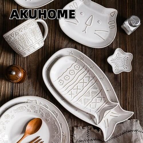 Creative Animal Tableware Set Mug Plate Meal Bowl Flavored Dish Snack Plate Cartoon Embossed Tableware Dinner Plates