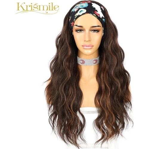 Krismile Water Wave Brown Headband Wig Daily Party Travel Holidays Long No Gul Glueless Wig for Women Make Up with 2 Free Bands