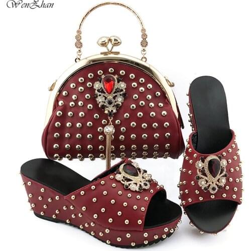 Fashionable Wine Italian Shoes and Bag Matching Set 7.5cm Matching Shoes and Bag Set with iron nails Newest 38-42 WENZHAN B28-20