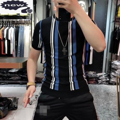 Men Short Sleeve 2021 Summer New O-Neck Striped Tops Fashion Street Slim Fit Pullover Knitted Sweater Plus Size 4XL