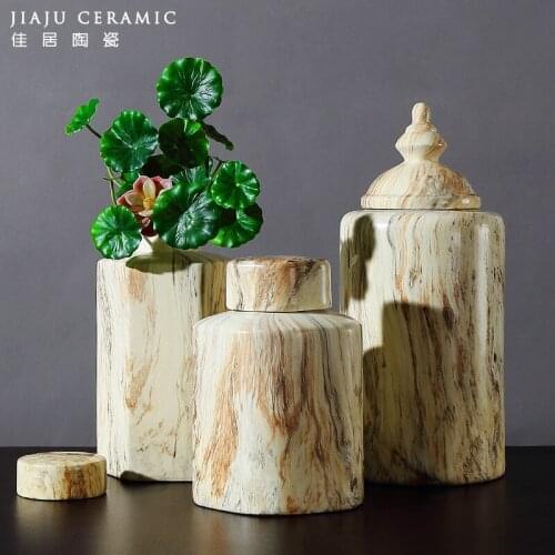 New Chinese Style Marble pattern Ceramic temple jar chinese decorative porcelain Ginger jar with lid