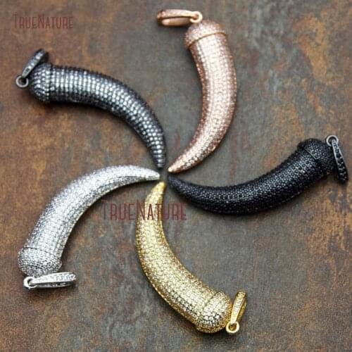 New Micro Pave Clear Cubic Zircon Beads Gold Silver Electroplated Horn Tusk Tibetan Pendant Copper Jewelry In 45*12 mm PM10463
