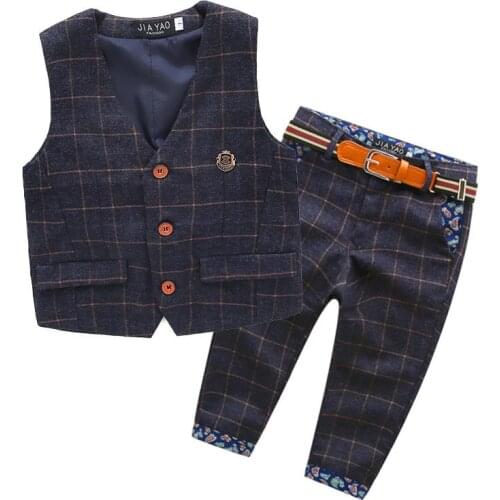 New autumn children England style baby boys clothes set plaid kids vest+pants boy tuxedo suit for webbing child clothing