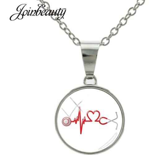 JOINBEAUTY Heartbeat Stethoscope Hospital Women Necklaces Glass Cabochon Pendant Necklace Doctors And Nurses Gift Jewelry NT292