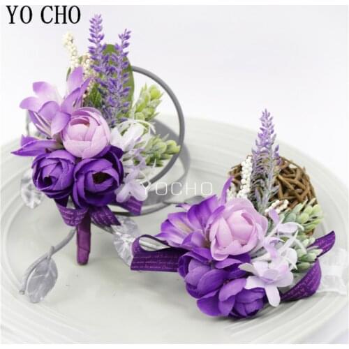 YO CHO Wedding Corsages Groom Boutonniere White Purple Silk Rose Man Brooches Wedding Bridesmaids Wrist Corsage Bracelet Flower