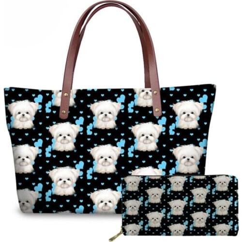 NOISYDESIGNS Maltese Floral Printed Women Handbag Cute Dog Shoulder Bag Women Fashion PU Leather Wallets Designer Tote Ladies