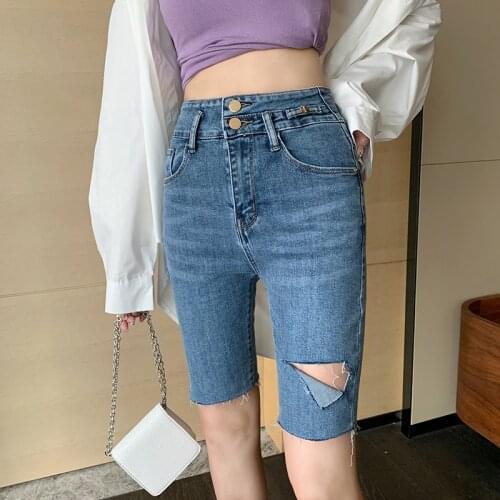 Vintage Ripped Stretch Jeans Womens 2021 Summer New High Waist Skinny Streetwear Casual Holes Tight-fitting Jeans Shorts Girls