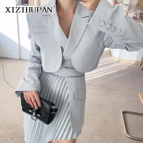 XIZIHUPAN Elegant Two Pieces Set For Women Lapel Long Sleeve Solid Coats Irregular Ruched Hem Skirts Fashion Sets Spring 2021