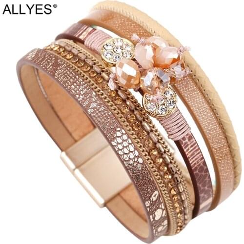 ALLYES Women Leather Bracelet Femme Bohemian Multi-layer Crystal Beads Vintage Female Wrap Bracelets & Bangles Jewelry
