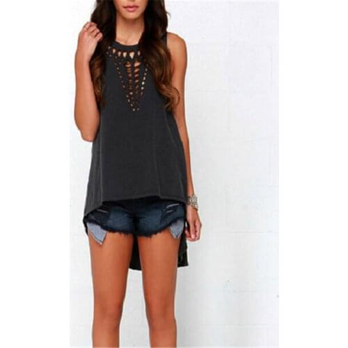 Plus Size Women Retro Sexy Hollow Out Casual Tanks Vest Tops New Stylish Sleeveless Tops Casual Womens Irregular Long Tank Tops