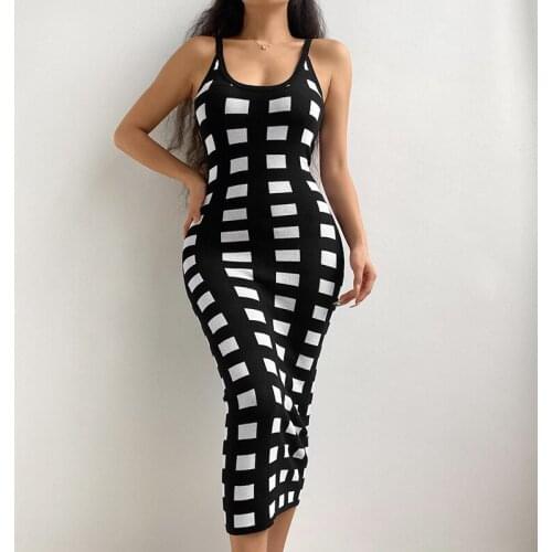 Women Boho Summer Dresse Plaid Printed Nylon Sleeveless Holiday Beach Dress Ladies Office Dress Casual Skinny Long Maxi Dress