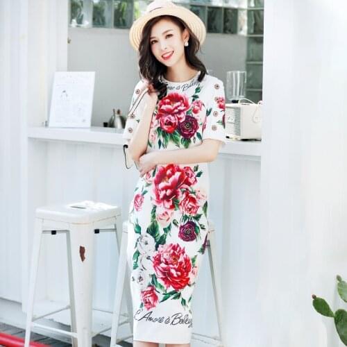 High Quality 2019 Fashoin Runway Summer Dress Womens Short Sleeve Crystal Button Peony Floral Printed Elegant Midi Calf Dress