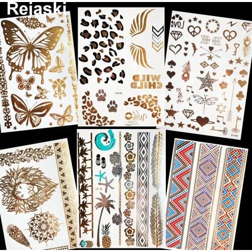 Leopard Print Wing Gold Metallic Temporary Tattoo Stickers Girl Arm Bracelet Flash Tattoo Sexy Women Leg Fake Tatoo Summer Style