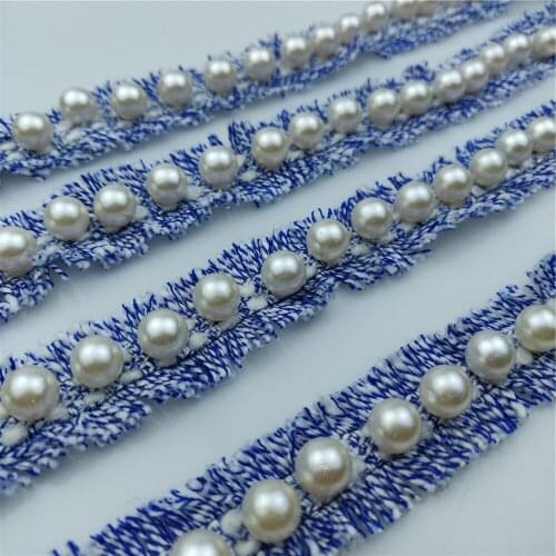 2.5 cm Width Pearl Beaded Lace Trim Fringe lace Sewing White Beads on Blue White Webbing For Dress Garment Headdress Materials