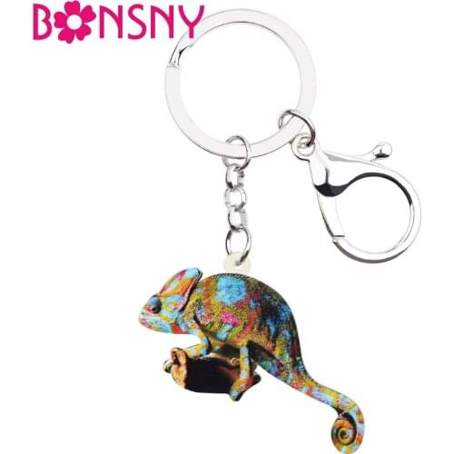 Bonsny Acrylic Floral Chameleon Anole Key Chain Keychain Holder Ring Fashion Animal Jewelry For Women Girls Teens Bag Car Charms
