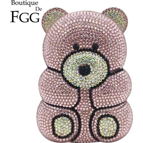 Boutique De FGG Pink Teddy Bear Women Crystal Evening Bags Hard Case Hand Made Diamond Minaudiere Handbags Animial Clutch Purses