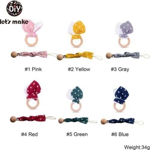 Lets Make 2pcs/set Wooden Teethers For Teeth Bunny Ear Toys For Newborns Pacifier Clips Wood Shower Gift Cotton Wooden Ring