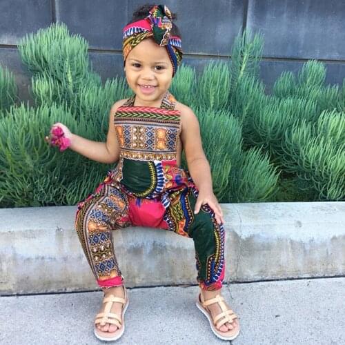 Kids Girls Bohemian Print Jumpsuit African Clothes Princess Bow Headband Children Party Sleeveless Bodysuit Baby Cute Rompers