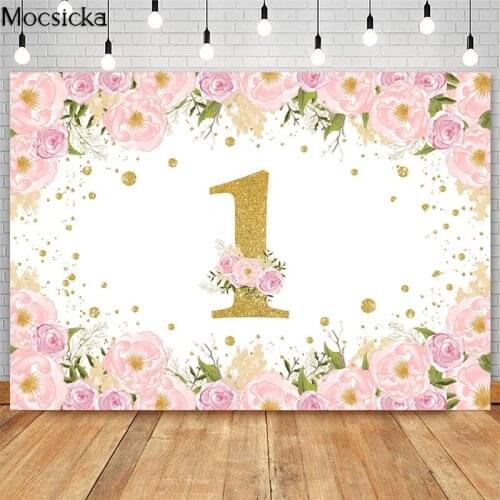 Girls 1st Birthday Party Backdrops Pink Watercolor Flowers Photography Background Golden Point Cake Table Decorations Banner