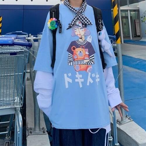 Harajuku Long Sleeve Cotton T Shirt Women Girl Tshirt Hip Hop Clothes Anime Japanese Graphic Tee T-shirt Teenage Streetwear