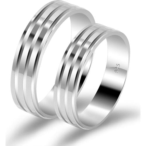 2 Pieces Couple Rings 925 Sterling Silver Stripe Simple Design Classic Wedding Band Ring for Men Women Lovers Fine Jewelry
