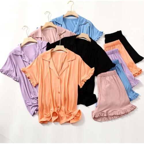 Korean Loose Modal Pajamas Suit Women Summer Pijamas Ruffle Sleeved T-Shirt Shorts Large Size Home Clothes Casual Two-Piece Set