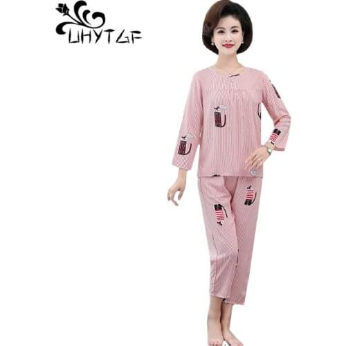UHYTGF Summer pyjamas women Fashion printed soft cotton silk pajamas 2piece set home clothes for women Plus size pijama mujer902