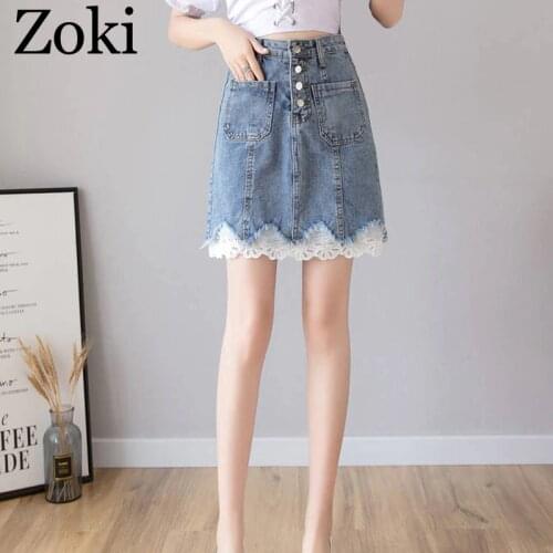 Zoki Sexy Lace Women Denim Mini Skirt Fashion Summer Korean High Waist Single Button A-line Elegant Party Package Hip Skirt 2020