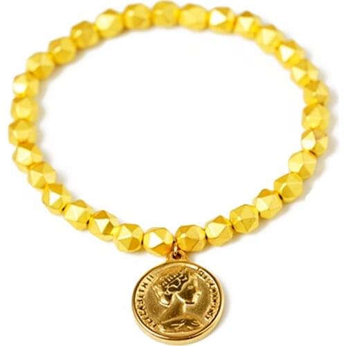 Fashion Queen Elizabeth II Coin Bracelets for Women Matte Gold color Hematite Bead Jewelry Stainless Steel Charm Bracelets Women