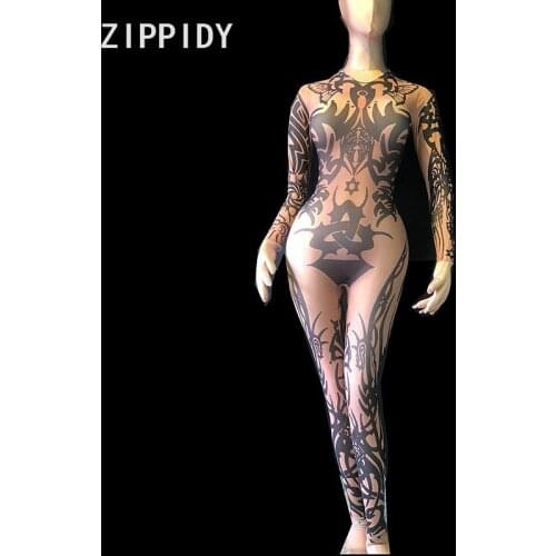 Fashion Black Printed Long Sleeves Jumpsuit Nightclub Bar Female Singer Show Jumpsuit Women Dance Wear Prom Party Outfit